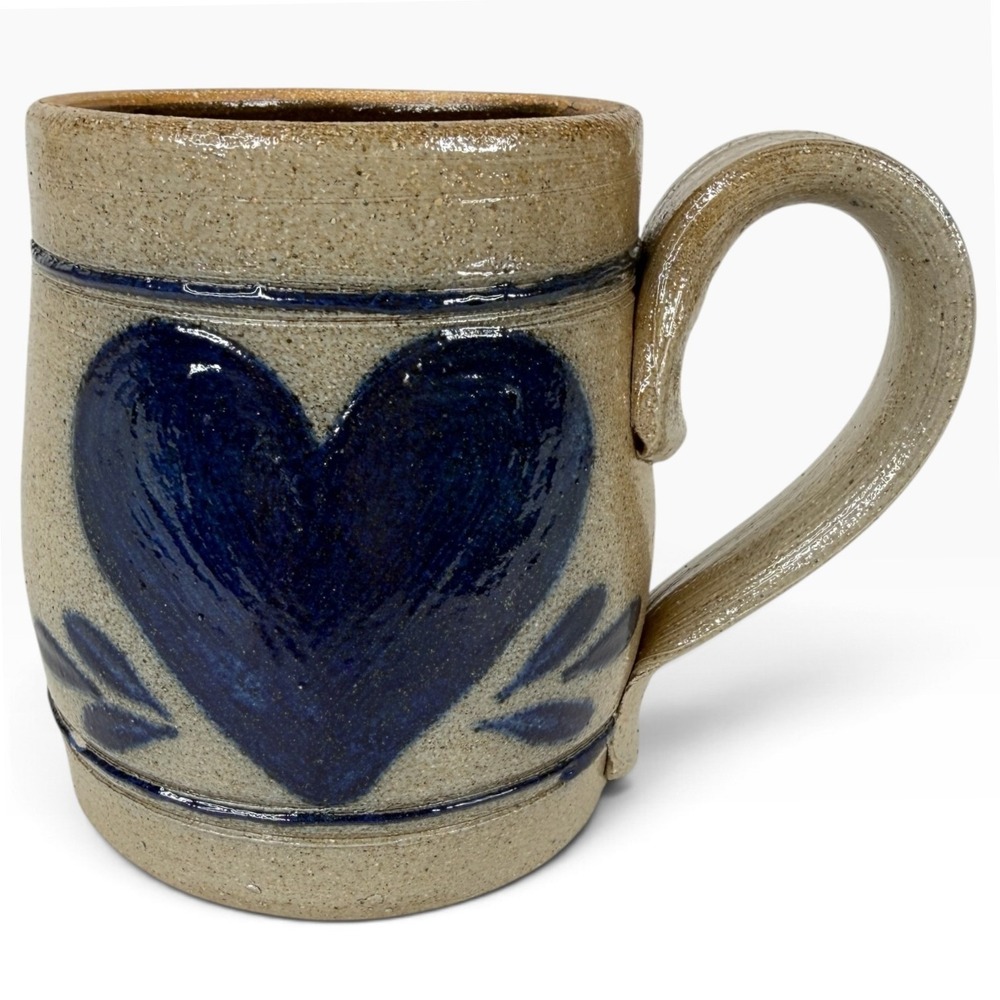 Rowe Pottery Works Mug Stoneware Gray Cobalt Blue Heart Salt Glaze Cambridge WI